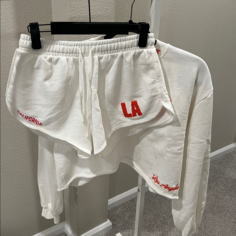 Zara White and Red LA Sweatshirt and Shorts Set